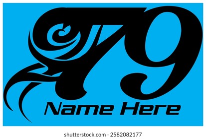 Cool vector number and tribal 79, 3d racing name and number design, turquoise green background.