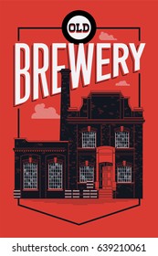 Cool vector 'Old Brewery' poster or banner template. Ideal for bars, pubs and local breweries graphic design. Beautiful old brewery building facade with chimney and arched industrial windows