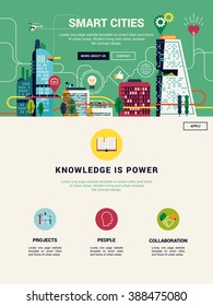 Cool vector one page website landing template on Smart Cities and future of urban areas. Modern living and urban renewal projects concept background, icons and website elements in flat design