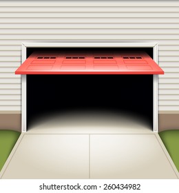 Cool vector opened single panel retractable garage door with driveway opened illustration | Empty garage background