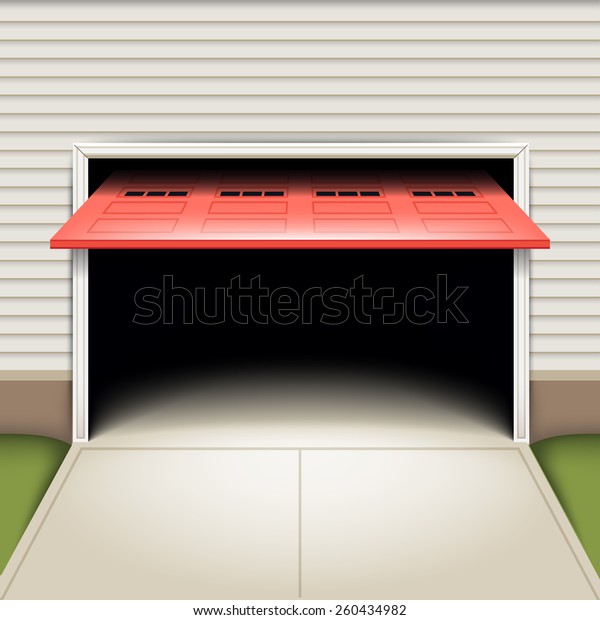 Cool vector\
opened single panel retractable garage door with driveway opened\
illustration | Empty garage\
background