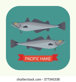 Cool vector pacific hake fish web icon in flat design, rounded corners. Important commercial fish design element. Seafood whiting fish