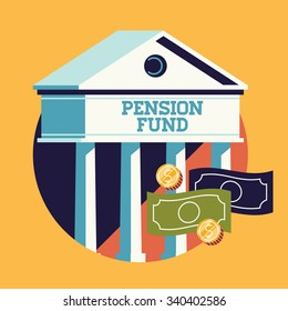 Cool vector pension fund concept illustration | Superannuation fund bank reserve flat design icon | Finance investment background with bank facade, cash money bills and coins