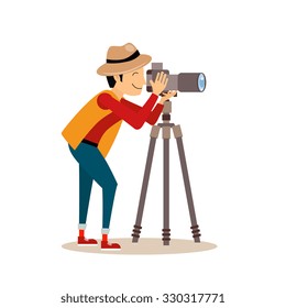Cool vector photographer with a camera and tripod. Male character in flat style.