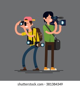 Cool vector photographer and cameraman male characters holding cameras shooting video and taking pictures isolated. Smiling video and photo professionals working