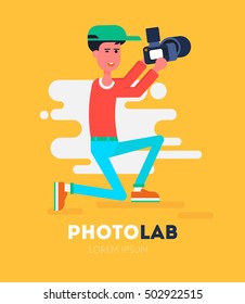 Cool vector photographer character squatting with the camera and taking picture.  Web icon. Flat design vector illustration. Photolab concept