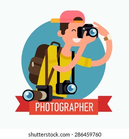 Cool vector photographer character web icon with cameras and backpack taking photos.