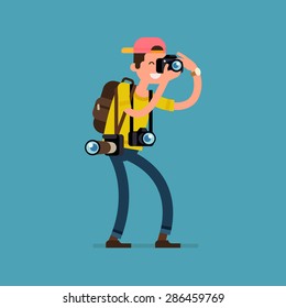 Cool vector photographer character web icon with cameras and backpack standing full length taking photos