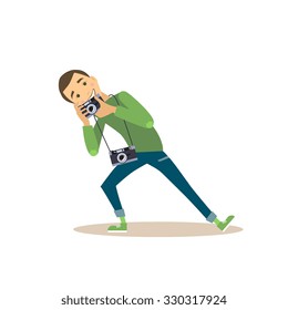 Cool vector photographer, male character in flat style.