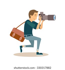 Cool vector photographer, taking a picture. Male character in flat style.