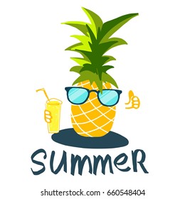 Cool vector pineapple in sunglasses with juice
