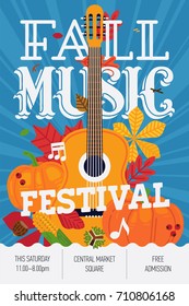 Cool Vector Poster, Banner Or Flyer Template On Fall Music Festival. Autumn Music Concert