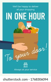 Cool vector poster or banner template on local shop or market delivery service with hand holding shopping bag full of shopping items and goods