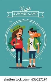 Cool vector poster or banner template on kids summer camp with couple of caucasian kids wearing backpacks and hats. Children summer vacation trip concept illustration. Young cute little campers