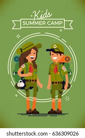 Cool vector poster or banner template on kids summer camp with couple of caucasian kids wearing hiking backpacks and scout uniform. Fully equipped scout camp boy and girl. Young cute little campers