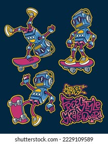 cool vector robot set skateboarding 