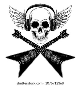 Cool vector rock music skull with headphones for t-shirt, emblem, logo, tattoo, sketch, patch