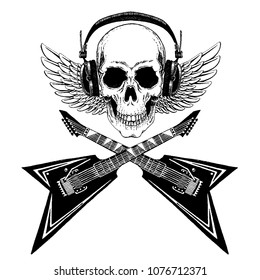 Cool vector rock music skull with headphones for t-shirt, emblem, logo, tattoo, sketch, patch