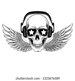 Cool vector rock music skull with headphones for t-shirt, emblem, logo, tattoo, sketch, patch