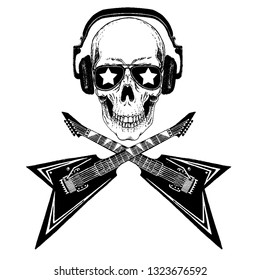 Cool vector rock music skull with headphones for t-shirt, emblem, logo, tattoo, sketch, patch