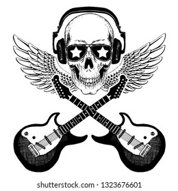 Cool vector rock music skull with headphones for t-shirt, emblem, logo, tattoo, sketch, patch