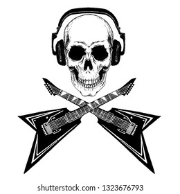 Cool vector rock music skull with headphones for t-shirt, emblem, logo, tattoo, sketch, patch
