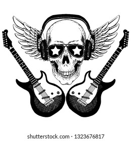 Cool vector rock music skull with headphones for t-shirt, emblem, logo, tattoo, sketch, patch