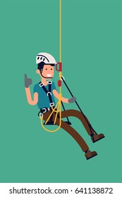 Cool vector rope access technician male character isolated. Fully equipped Industrial alpinist at work, isolated, flat design