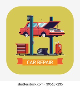 Cool vector rounded square icon with car being repaired on car lift with wheels removed. Vehicle technical maintenance. Auto service. Auto repair shop illustration in flat design