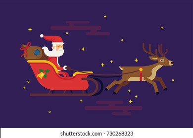 Cool vector Santa Claus flying in red sleigh on starry night sky carrying gift sack. Ideal for Christmas holiday graphic and web design