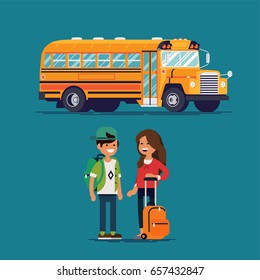 Cool vector school kids with backpacks and school bus. Boy and girl ready to go back to school