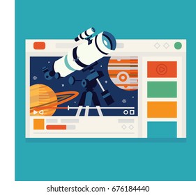 Cool vector science video channel concept illustration in flat design. Abstract video sharing web site interface with astronomy themed video content playing. Online video channel focused on astronomy