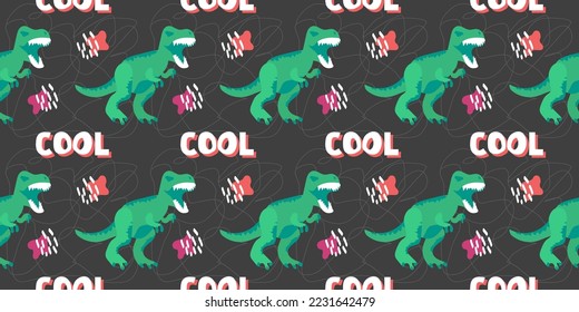 Cool vector seamless dino pattern. Cute and fun dino pattern. Dinosaur print repeat background. Pattern for boy