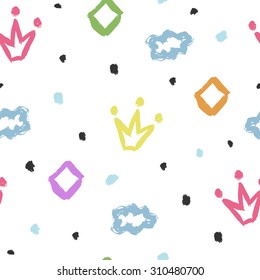 Cool vector seamless pattern with sketch crowns, clouds, diamonds and dots. Nice design childlike wallpaper.