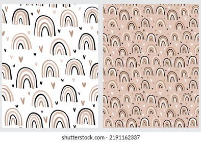 Cool Vector Seamless Patterns with Hand Drawn Rainbows and Hearts on a White and Light Brown Background. Simple Irregular Nursery Repeatable Print ideal for Fabric, Textile, Wrapping Paper. 