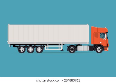 Cool vector semi-trailer european flat nose truck towing engine transport web icon or design element, side view, isolated | Road freight transportation illustration 