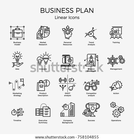 Cool vector set of 20 Business Plan themed icons and symbols featuring Market research, trend analysis, strategy, mission statement, action, SWOT research, operations, etc. Editable stroke