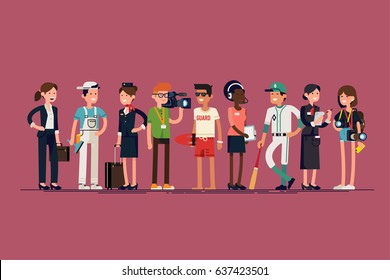 Cool Vector Set Of Different Profession Characters In Flat Design. Diverse Group Of Specialists, Workers And Professionals. Men And Women Of Different Careers And Jobs Standing Together