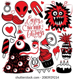 Cool, vector set of doodle stickers with scary, strange characters, crazy, furry monsters, fictional, fantasy creatures, imaginary urods. Monochrome background sketch with mutants, ufo for Halloween.