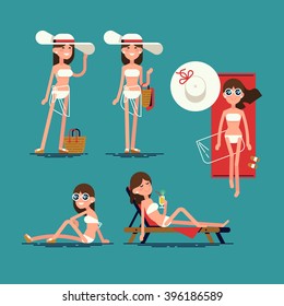 Cool Vector Set Of Female Summer Beach Resort Character. Sexy Woman In White Swim Suit Posing, Sunbathing On Beach Towel, Sitting On Ground And Lying On Deckchair. Ideal For Summer Vacation Design