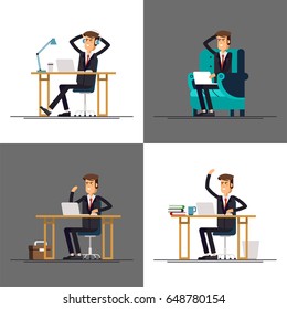 Cool vector set of flat characters design on office businessmans working in office behind her desk with desktop computer listening music wearing headphones. Business man using computer