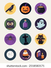 Cool vector set of Happy Halloween flat design icons and symbols. Pumpkins, scary black cats, ghosts, witch, owl, candies, spider, bat. Vector illustration in flat style