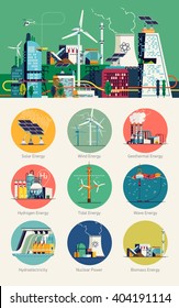 Cool vector set of header image, round web icons on smart energy and power. Renewable, eco friendly, zero emission power sources for modern living. Smart city and power network grid concept background