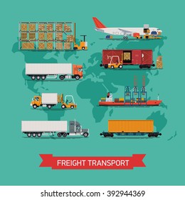 Cool vector set on worldwide shipping, heavy transport, delivery ways and logistics in business and industry with warehouse, trucks, airplane, railway and seaway cargo ship with abstract world map