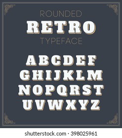 Cool vector set of rounded retro font in white colour on dark background - Retro decorative lettering alphabet with shadow  - Elegant and stylish mono line border