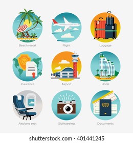 Cool vector set of travel summer trip destination and beach resort hotel web icons and illustrations with palm beach, jet liner flight, travel insurance, luggage, airport, hotel, cabin seat, camera