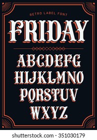 Cool Vector Set Of Western Style Label Font In White Color On Black Background. Retro Decorative Lettering Alphabet With Shadow Featuring Stylish Frame Border Design Element 