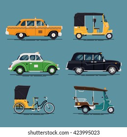 Cool vector set of world taxi cars and vehicles with yellow cab, hackney carriage, tuk-tuk, velotaxi, baby taxi auto rickshaw and more