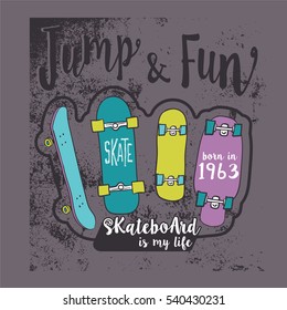 Cool vector skateboard graphic with handwritten typography on dark background color.