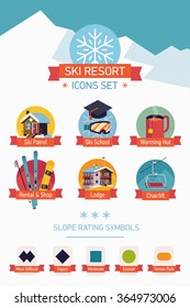 Cool vector ski resort map legend icons and symbols featuring ski patrol, school, warming cabin, gear shop and rental, lodge, chairlift, slope rating symbols. Ideal for winter sport activities design